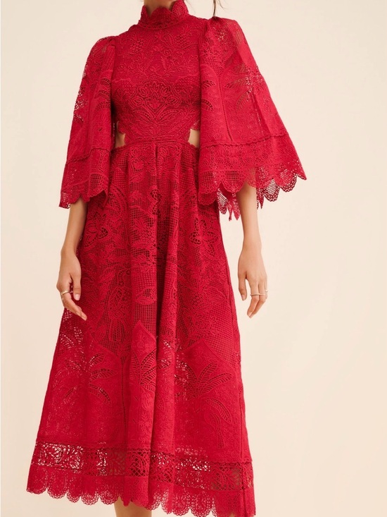 FARM Rio Dresses & Skirts - FARM Rio Guipire Cut Out Red Lace Midi Dress with Scalloped Bell Sleeves